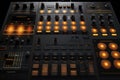 Professional audio studio sound mixer console board panel with recording , faders and adjusting knobs, TV, audio, music