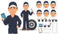 Professional auto mechanic cartoon character creation set.