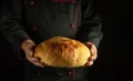 Professional baker holds fresh rye bread in his hands. The concept of baking bread in a bakery or at home. Place for recipe or