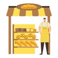 Professional baker male character in apron sell bakery product, urban street store kiosk, trade loaf and pastry isolated