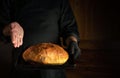 Professional baker presents in his hand sheet pan with freshly baked wheat bread. Free dark space for menu or recipe