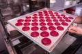 Professional baker putting baking pan with pink macaroons