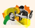 Professional barber drying hair with a hairdryer. Young bearded man getting haircut at the barbershop. Contemporary art Royalty Free Stock Photo