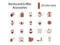 Professional barista accessories flat icons set. Coffee making appliance. Isolated vector stock illustration