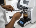 Professional barista preparing a fresh espresso shot with modern coffee machine and precision Royalty Free Stock Photo