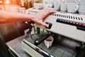 Professional barman at coffee machine making espresso in a cafe Royalty Free Stock Photo