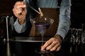 Professional bartender decorated purple alcoholic cocktail in a martini glass with a flower by tweezers