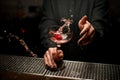 Professional bartender girl serving transparent cocktail in the glass decorated with a red fluffy buds splashing it