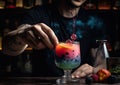 Bartender holding a freshly prepared cocktail with a garnish of fruit slices, ai-generated