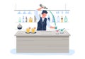 Professional bartender male character mixing cocktail at counter desk