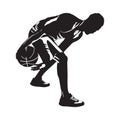 Professional basketball player silhouette with ball, vector illustration. Basketball dribbling skills. Royalty Free Stock Photo