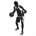 Professional basketball player silhouette with ball, vector illustration. Basketball dribbling skills. Royalty Free Stock Photo