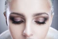 Professional beauty eyes makeup. Make up closeup. Long eyelashes and perfect skin