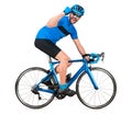 Professional bicycle road racing cyclist racer in blue sports jersey on light carbon race cycle celebration celebrating win. sport Royalty Free Stock Photo