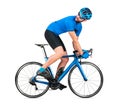 Professional bicycle road racing cyclist racer in blue sports jersey on light carbon race looking back behind. sport training