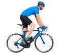 Professional bicycle road racing cyclist racer  in blue sports jersey on light carbon race out of the saddle ascent uphill Royalty Free Stock Photo