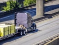 Professional big rig industrial grade semi truck transporting cargo on flat bed semi trailer running on the elevated highway road Royalty Free Stock Photo