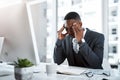 Professional black man, headache and stress in workplace with burnout, depression and brain fog in office. Male person
