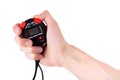 Professional black red sports digital stopwatch in hand, finger pressing the start button, man holding up a simple electronic