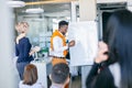 Professional black tutor providing training in front of flipchart