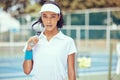 Professional black woman tennis player, fitness athlete and sports court playing, match and game with racket outdoors Royalty Free Stock Photo