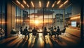 A professional boardroom meeting at sunset with a diverse group of executives discussing around a table.