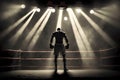 Professional boxer fighting on the grand arena panorama view. Neural network AI generated