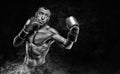 Professional boxer practicing blows in the smoke. Sports betting concept