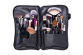 Professional brushes. Professional collection set of various makeup brushes cosmetic in a black leather case isolated on a white Royalty Free Stock Photo