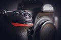 Professional build quality modern DSLR and front buttons close up, built with rugged magnesium alloy and carbon fiber materials, a Royalty Free Stock Photo