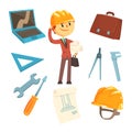 Professional Builder And Architect And His Tools, Man And His Profession Attributes Set Of Isolated Cartoon Objects