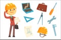 Professional Builder And Architect And His Tools, Man And His Profession Attributes Set Of Isolated Cartoon Objects