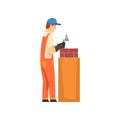 Professional Builder Laying Bricks in Wall, Male Construction Worker Character in Orange Overalls and Blue Cap with Royalty Free Stock Photo