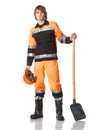 Professional builder or road worker with helmet in hands and his