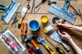 Professional builder work with house renovation instruments on wooden background top view Royalty Free Stock Photo