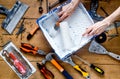 Professional builder work with house renovation instruments on wooden background top view Royalty Free Stock Photo