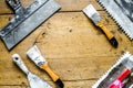 professional builder work with house renovation instruments on wooden background top view mock-up Royalty Free Stock Photo