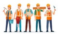 Professional builders team. Contractor in helmet, builder engineer and workers people cartoon vector illustration