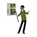 Professional burglar character in a mask opened a safe with money with character Illustration