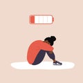 Professional burnout. Exhausted african girl with low battery sitting on floor and crying. Mental health problem Royalty Free Stock Photo