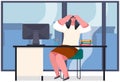 Professional burnout, overwork at work. Businesswoman with headache stress at workplace in office