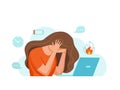 Professional burnout syndrome exhausted woman tired sitting at her workplace in office holding her head vector