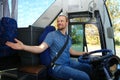 Professional bus driver at steering wheel Royalty Free Stock Photo