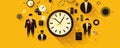 Professional business backdrop with a minimalist clock face and time-related icons, symbolizing time management panorama