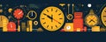 Professional business backdrop with a minimalist clock face and time-related icons, symbolizing time management panorama