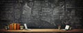 Professional business backdrop with a sleek blackboard texture and chalk drawings, symbolizing knowledge, education panorama