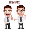 Professional Business Man Character with Pointing and OK Hand Gesture