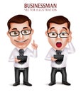 Professional Business Man Vector Character Holding Mobile Tablet Shocked