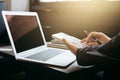 Professional business woman working with calculator, Doing finance on laptop, document graph and analysis business strategy to de Royalty Free Stock Photo