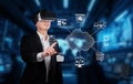 Businessman Using Virtual Reality to Explore Cloud Computing Solutions and Enhancing User Experience in Web Development Royalty Free Stock Photo
